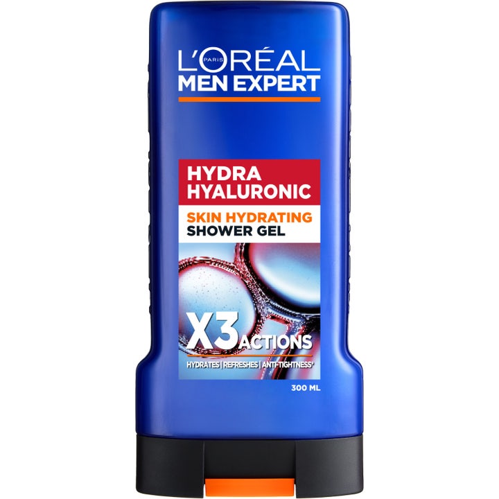 L’Oréal Men Expert Hydra Hyaluronic 300 ml kosteuttava suihkugeeli sinisessä muovipullossa mustalla korkilla