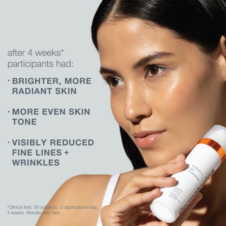 Dermalogica BioLumin-C Gel Moisturizer 50 ml kirkastava geelivoide ja nainen jolla on hehkuva iho ja testituloksia.