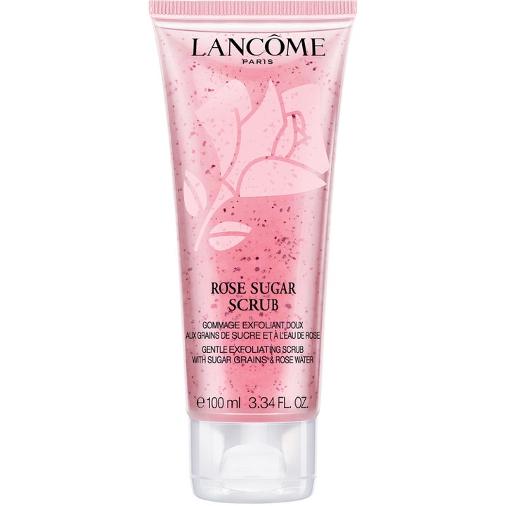 Lancôme Rose Sugar Scrub 100 ml hellävarainen sokerikuorinta läpinäkyvässä vaaleanpunaisessa ruusukuvioisessa tuubissa.