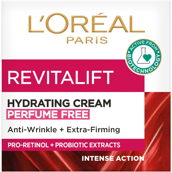 L'Oréal Paris Revitalift Hydrating Cream 50 ml hajusteeton päivävoide valkoisessa pakkauksessa pinkein korostein