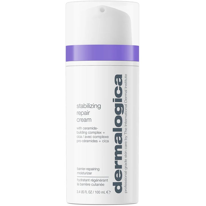 Dermalogica Stabilizing Repair Cream 100 ml rauhoittava kasvovoide valkoisessa pumppupullossa violetilla raidalla.