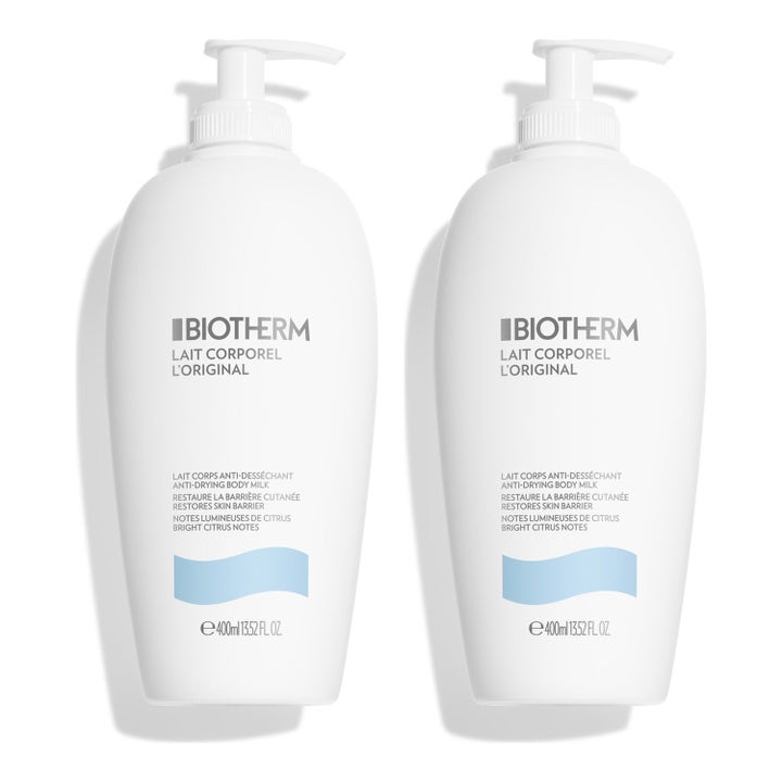Biotherm Lait Corporel L’Original 2 x 400 ml kosteuttava vartalomaito kahdessa valkoisessa pumppupullossa.