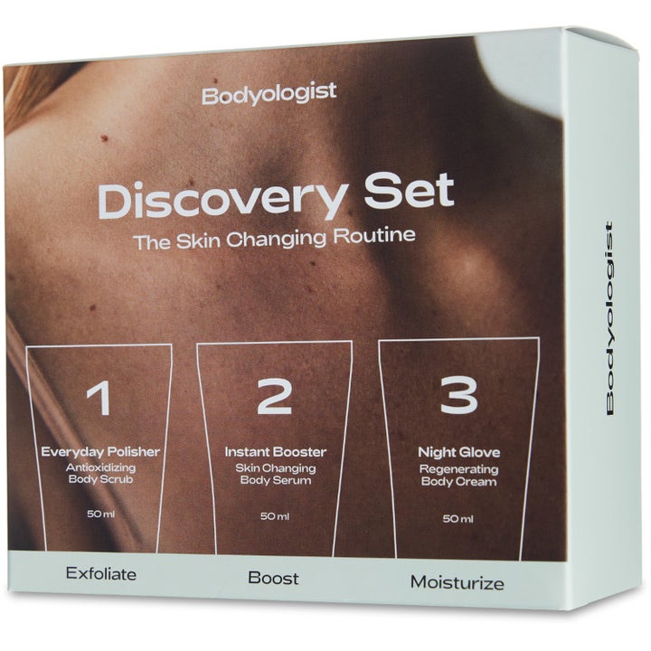 Bodyologist Discovery Gift Set 1 kpl vartalonhoitosetti vaaleassa pakkauksessa, jossa on ihoaiheinen kuva.