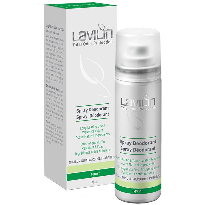Lavilin Spray Deodorant Sport 75 ml alumiiniton deodoranttisuihke antaa suojan valkoisessa pullossa ja pakkauksessa.