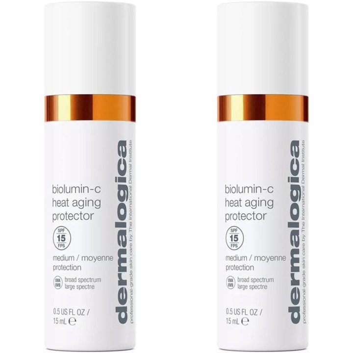 Dermalogica Biolumin-C Heat Aging Protector 15 ml aurinkosuoja kahdessa valkoisessa pumppupullossa.