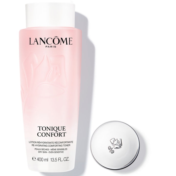 Lancôme Tonique Confort 400 ml kosteuttava kasvovesi kuivalle iholle vaaleanpunaisessa pullossa valkoisella korkilla.