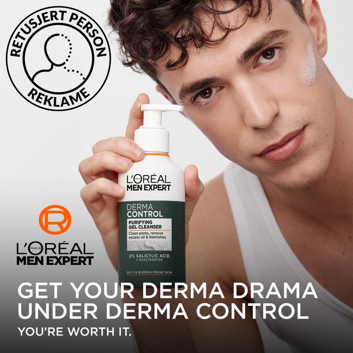 L'Oréal Paris Men Expert Derma Control 260 ml puhdistusgeeli ja mies, jolla on geeliä kasvoillaan.