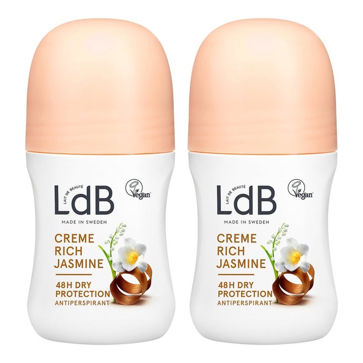 LdB Creme Rich Jasmine antiperspirantti duopakkaus antaa 48h suojan valkoisissa pulloissa joissa on persikkaiset korkit.