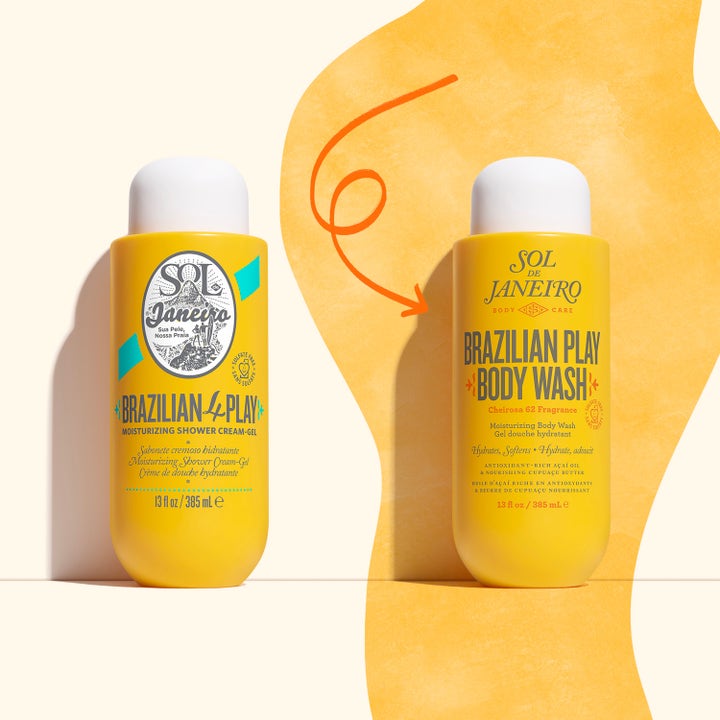 Sol de Janeiro Brazilian 4 Play 385 ml kosteuttava suihkugeeli keltaisessa pullossa uudella pakkauksella.
