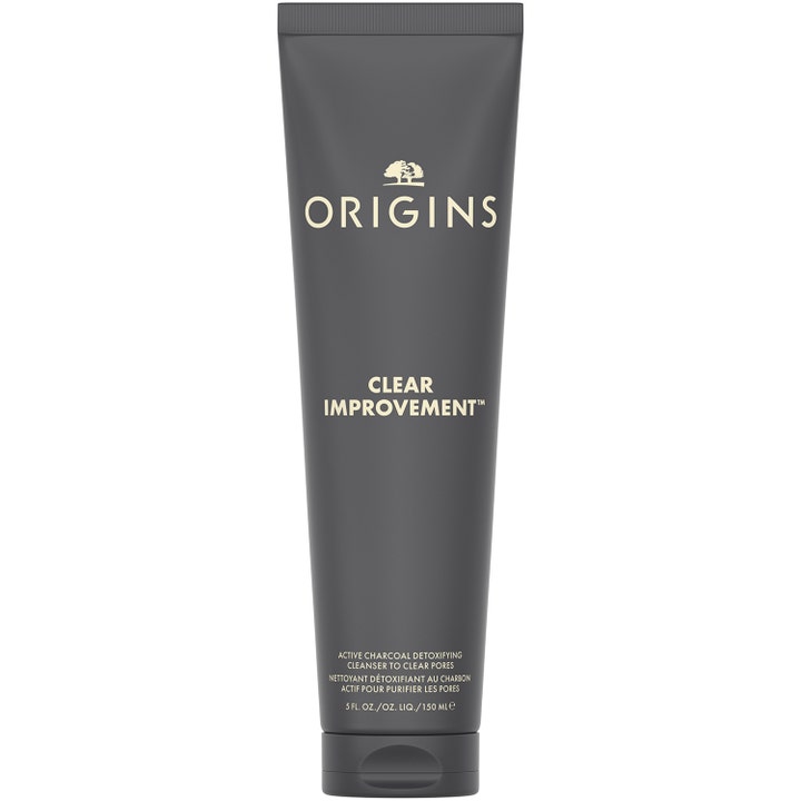 Origins Clear Improvement 150 ml syväpuhdistava aktiivihiiliputsari ihohuokosille tummanharmaassa tuubissa.