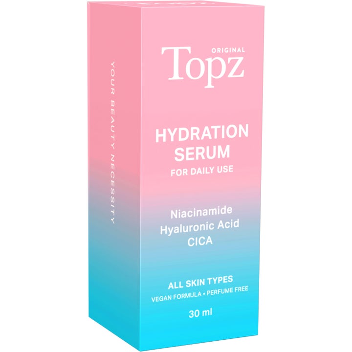 Topz Daily Face Serum 30 ml kosteuttava seerumi niasiiniamidilla pinkissä ja sinisessä liukuväripakkauksessa.