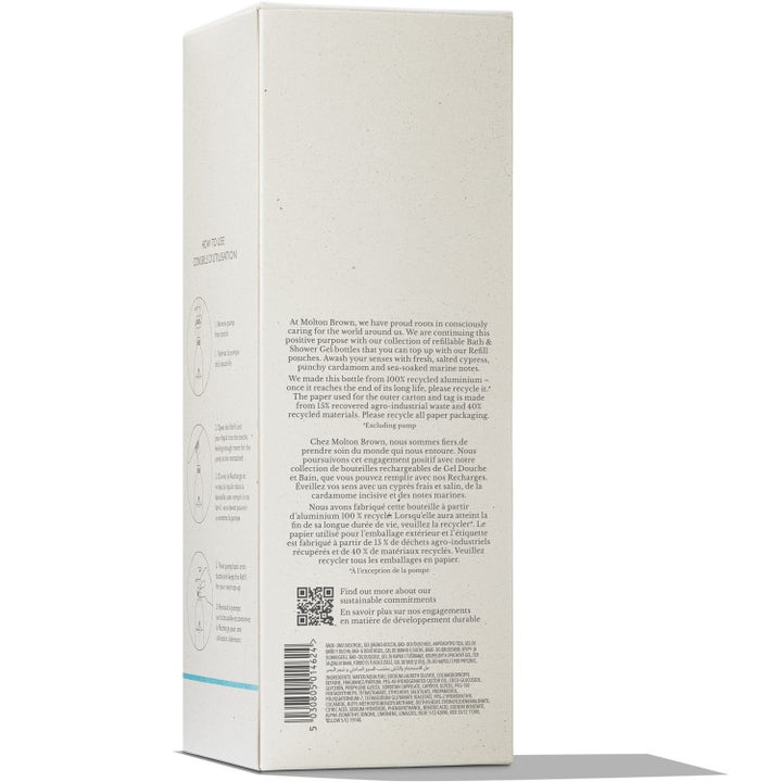 Molton Brown Infinite Bottle Coastal Cypress & Sea Fennel 400 ml suihkugeeli valkoinen pahvipakkaus käyttöohjeilla