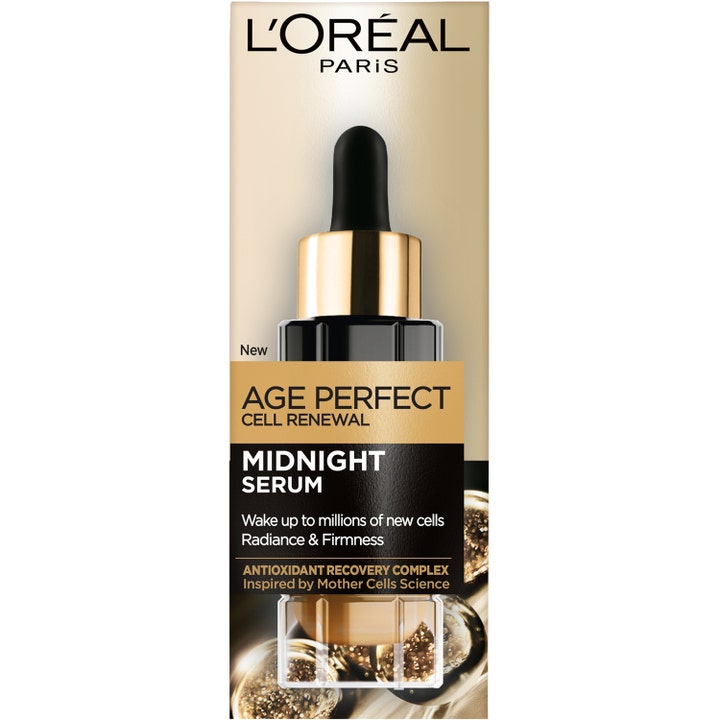 L'Oréal Paris Cell Renewal Midnight Serum 30 ml heleyttävä kasvoseerumi tyylikkäässä kullanvärisessä ja mustassa pakkauksessa