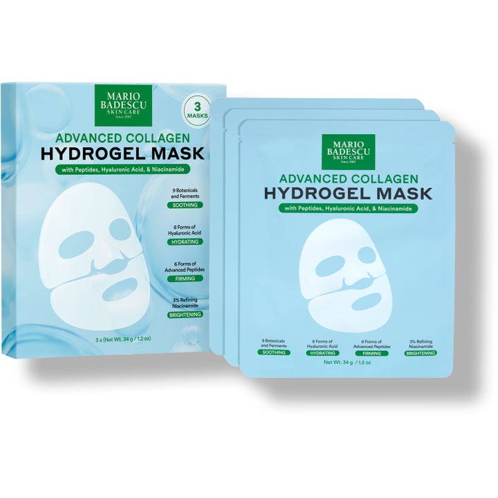Mario Badescu Advanced Collagen Hydrogel Mask 3 kpl kiinteyttävä kasvonaamio vaaleansinisessä pakkauksessa.