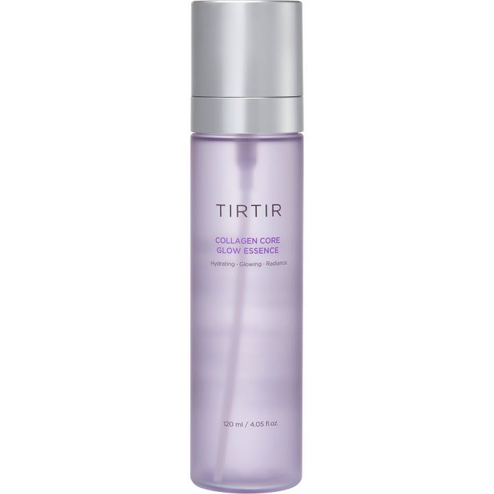 Tirtir Collagen Core Glow Essence 120 ml heleyttävä hoitoneste liilassa pullossa hopeisella korkilla.