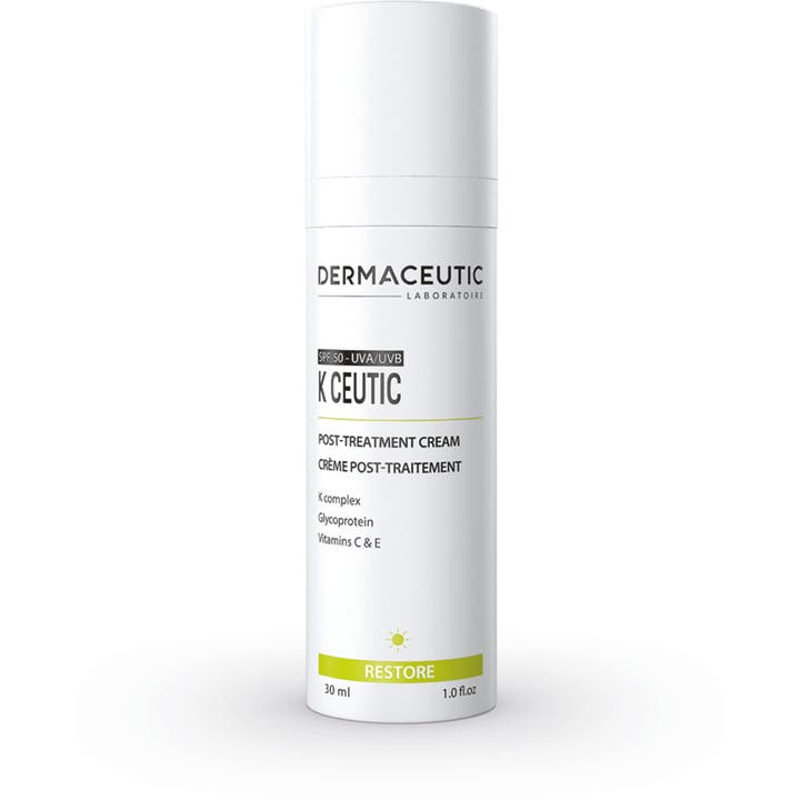 Dermaceutic K Ceutic 30 ml korjaava voide SPF 50 valkoisessa pumppupullossa jossa on keltainen Restore-etiketti.