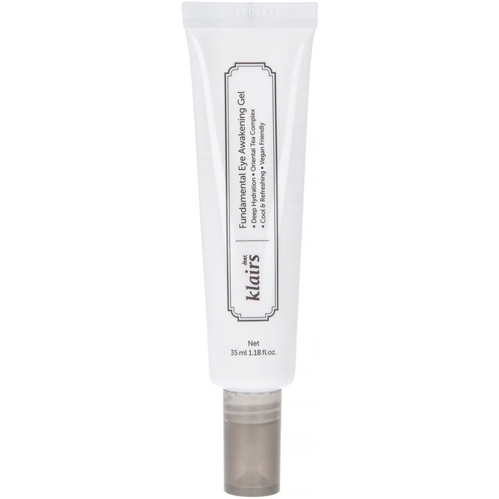 Klairs Fundamental Eye Awakening Gel 35 ml on virkistävä silmänympärysgeeli valkoisessa tuubissa harmaalla korkilla.