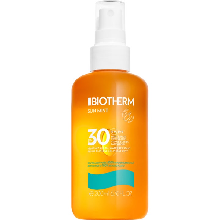 Biotherm Waterlover Sun Mist 200 ml SPF 30 vedenkestävä aurinkosuojasuihke oranssissa pullossa valkoisella korkilla.