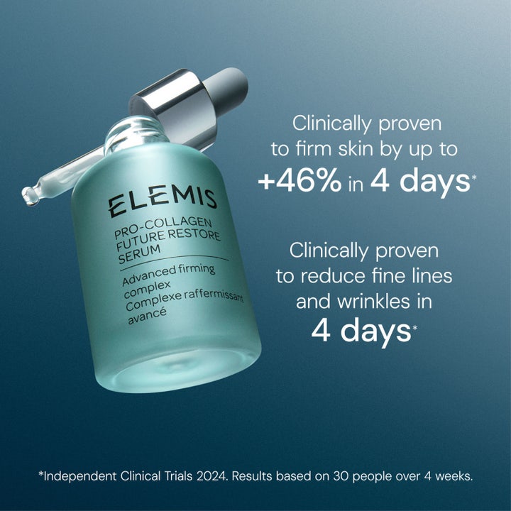 Elemis Pro Collagen Future Restore Serum 30 ml kiinteyttävä seerumi pipettipullossa silottaa juonteita 4 päivässä.