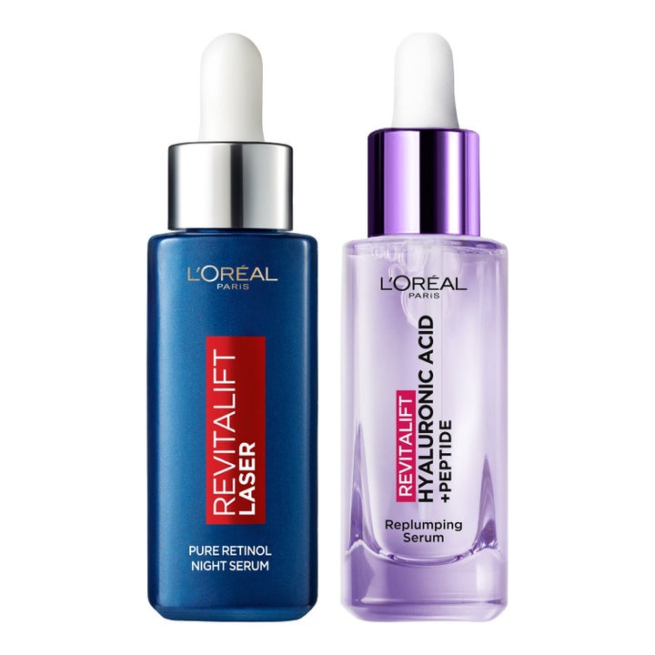 L'Oréal Paris Revitalift Filler ja Laser -seerumit silottavat ihoa liiloissa ja sinisissä lasipulloissa.