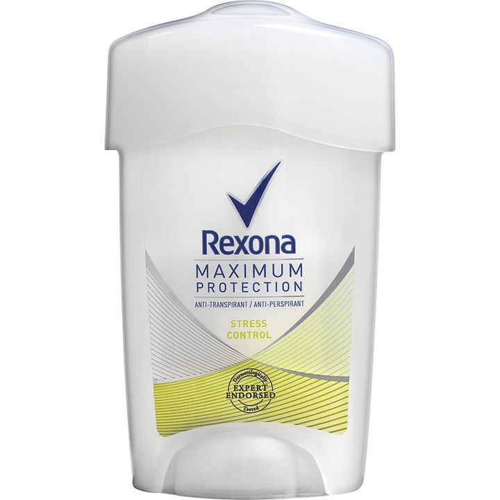 Rexona Maximum Protection Stress Control 45 ml antiperspirantti on valkoinen deodoranttipuikko keltaisin tehostein.