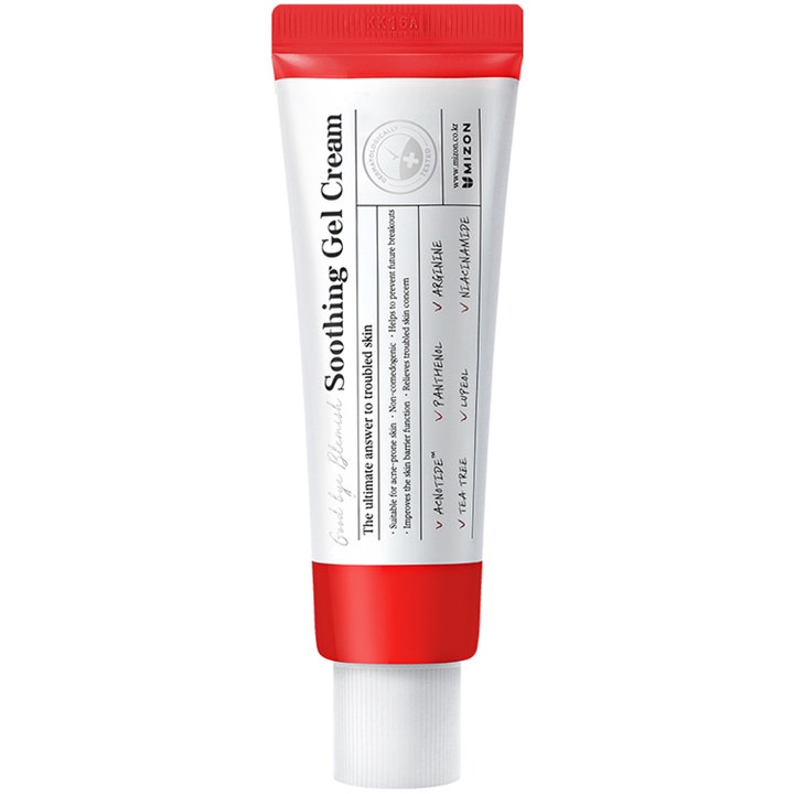 Mizon Good Bye Blemish Soothing Gel Cream rauhoittava geelivoide niasiiniamidilla valkoisessa punakorkkisessa tuubissa.