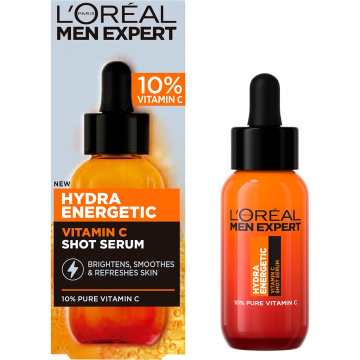 L'Oréal Paris Men Expert Hydra Energetic Vitamin C Serum 30 ml kirkastava seerumi oranssissa lasipullossa ja pakkauksessa