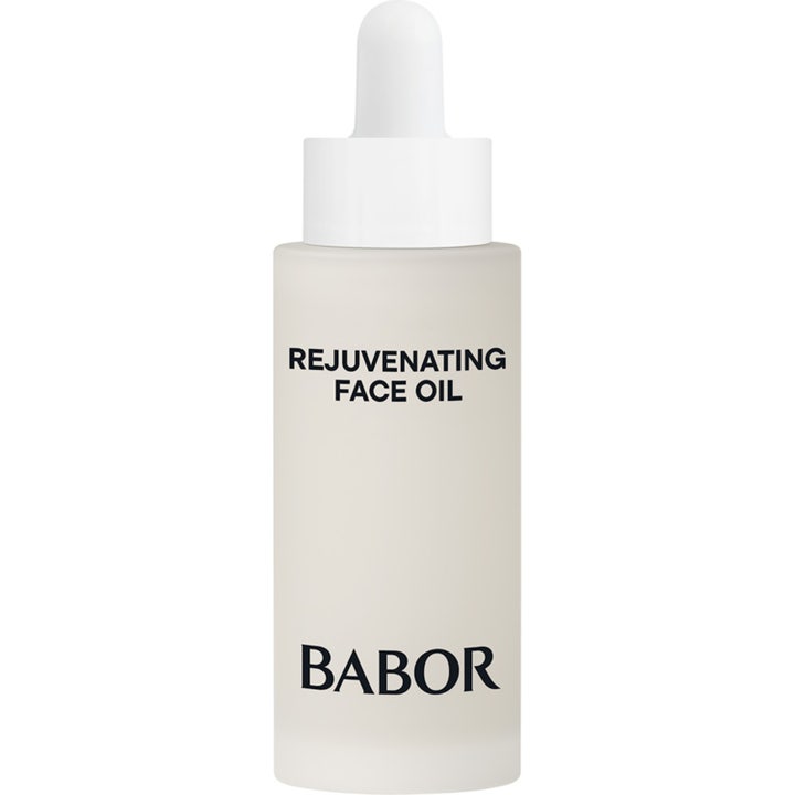 Babor Rejuvenating Face Oil 30 ml elvyttävä kasvoöljy huurteisessa lasipullossa, jossa on valkoinen pipetti.