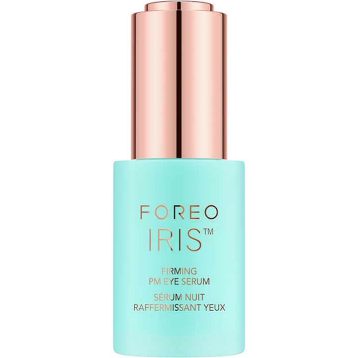 FOREO IRIS Firming PM Eye Serum kiinteyttävä silmänympärysseerumi vaaleansinisessä pullossa ruusukultaisella korkilla