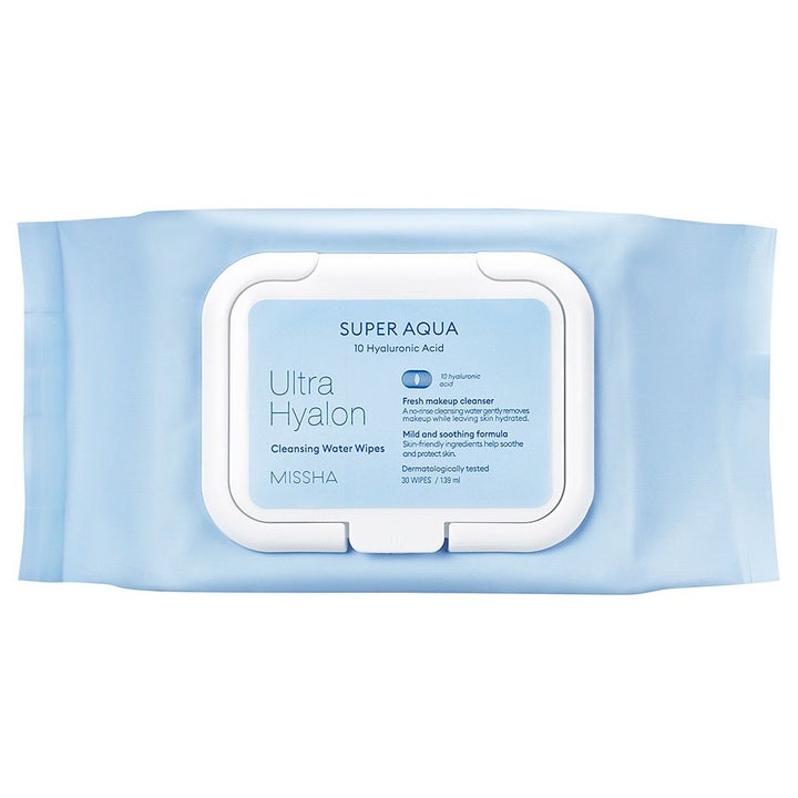 Missha Super Aqua Ultra Hyalon Cleansing Water Wipes 30 kpl puhdistusliinat vaaleansinisessä pakkauksessa.