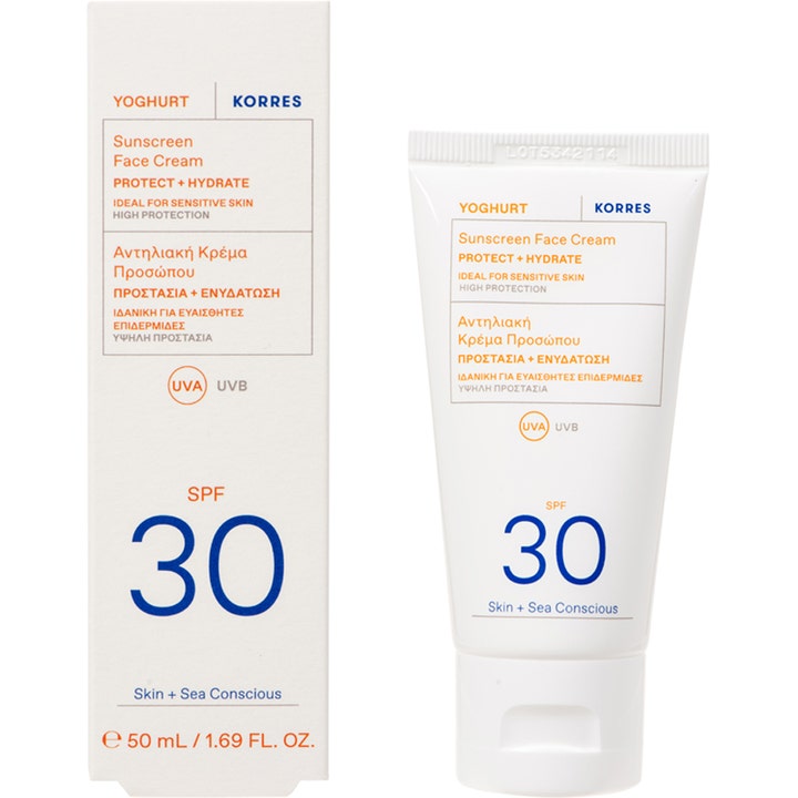 KORRES Yoghurt Face Sunscreen SPF30 50 ml kosteuttava aurinkovoide valkoisessa tuubissa ja pakkauksessa.