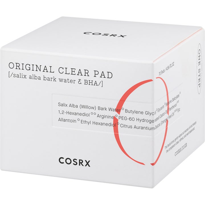 COSRX One Step Original Clear Pad 70 kpl puhdistavat hoitolaput valkoisessa pahvipakkauksessa punaisella ympyrällä.