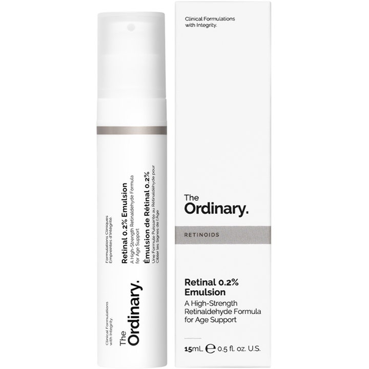 The Ordinary Retinal 0.2% Emulsion 15 ml uudistava kasvoseerumi valkoisessa pumppupullossa ja pakkauksessa