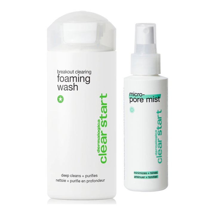 Dermalogica Clear Start Micro-Pore Mist ja Foaming Wash epäpuhtauksia hoitava kaksikko valkoisissa muovipulloissa
