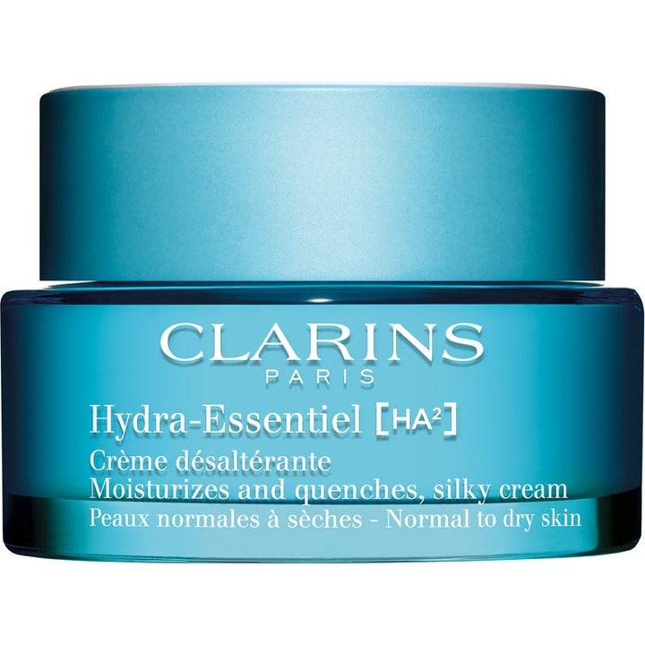 Clarins Hydra-Essentiel [HA²] Silky Cream kosteuttava kasvovoide normaalille iholle sinisessä lasipurkissa.