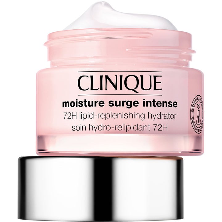 Clinique Moisture Marathon 80 ml kosteuttava seerumi vaaleanpunaisessa purkissa, jossa on täyteläistä 72H voidetta.