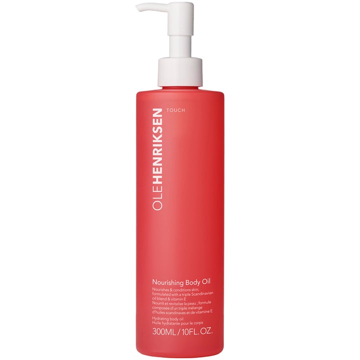 Olehenriksen Touch Nourishing Body Oil 300 ml ravitseva vartaloöljy punaisessa mattapintaisessa pumppupullossa