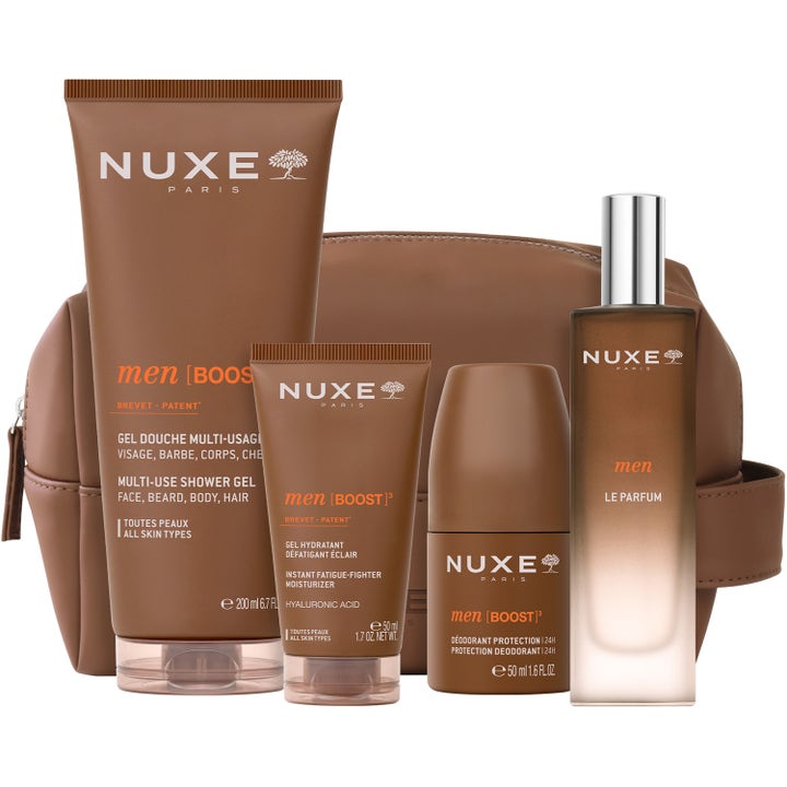 Nuxe Men Multi Shower Gel 200 ml suihkugeeli ja ihonhoitotuotteet tyylikkäässä ruskeassa toilettilaukussa.
