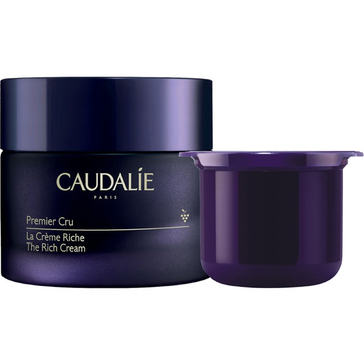 Caudalie Premier Cru The Rich Cream 50 ml ravitseva kasvovoide tummansinisessä lasipurkissa ja täyttöpakkaus.