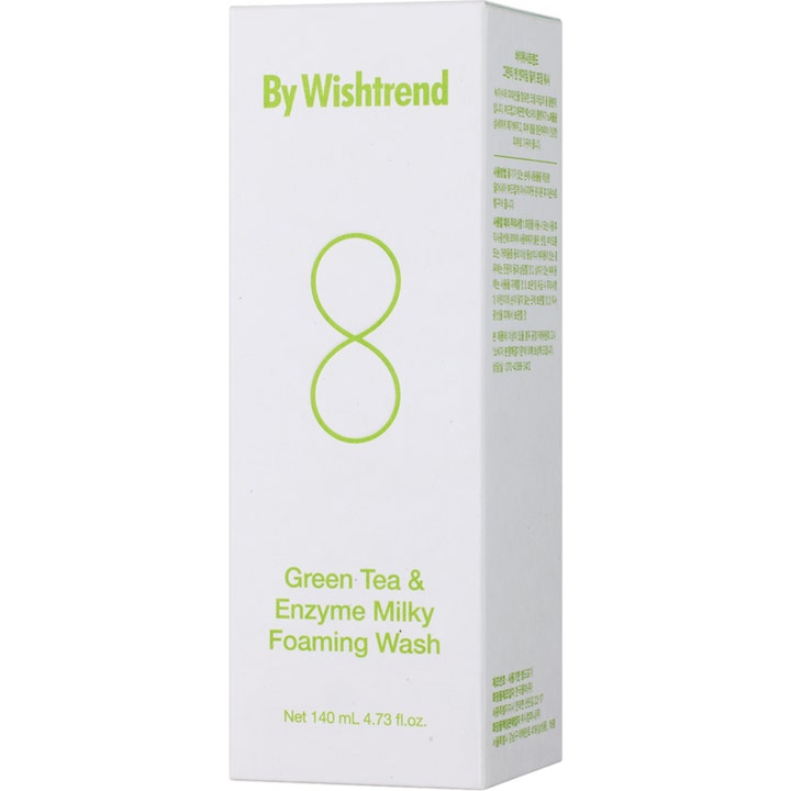 By Wishtrend Green Tea & Enzyme Milky Foaming Wash 140 ml kirkastava puhdistusaine valkoinen pahvipakkaus vihreällä tekstillä