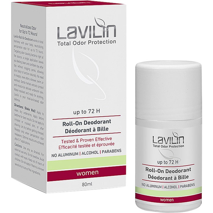 Lavilin Roll-On Deodorant Women 80 ml antaa 72 tunnin suojan hajua vastaan valkoisessa pullossa ja pakkauksessa punaisin yksityiskohdin.