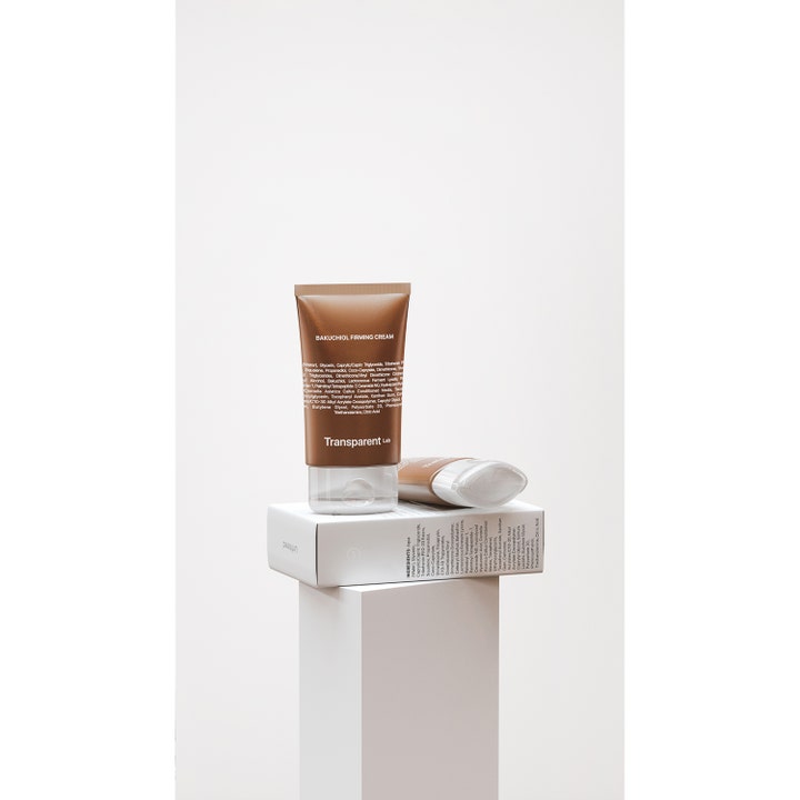 Niche Beauty Lab Transparent Lab Bakuchiol Firming Cream 50 ml kiinteyttävä voide ruskeassa tuubissa ja ulkopakkauksessa.