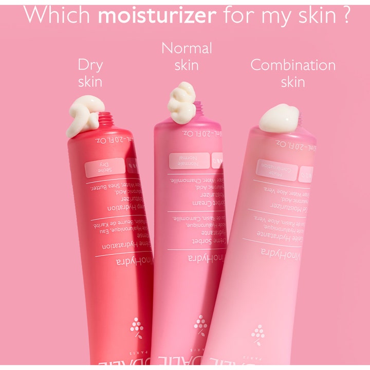 Caudalie Vinohydra Gel Moisturizer 60 ml kosteuttava kasvovoide ja kolme pinkkiä tuubia eri ihotyypeille.