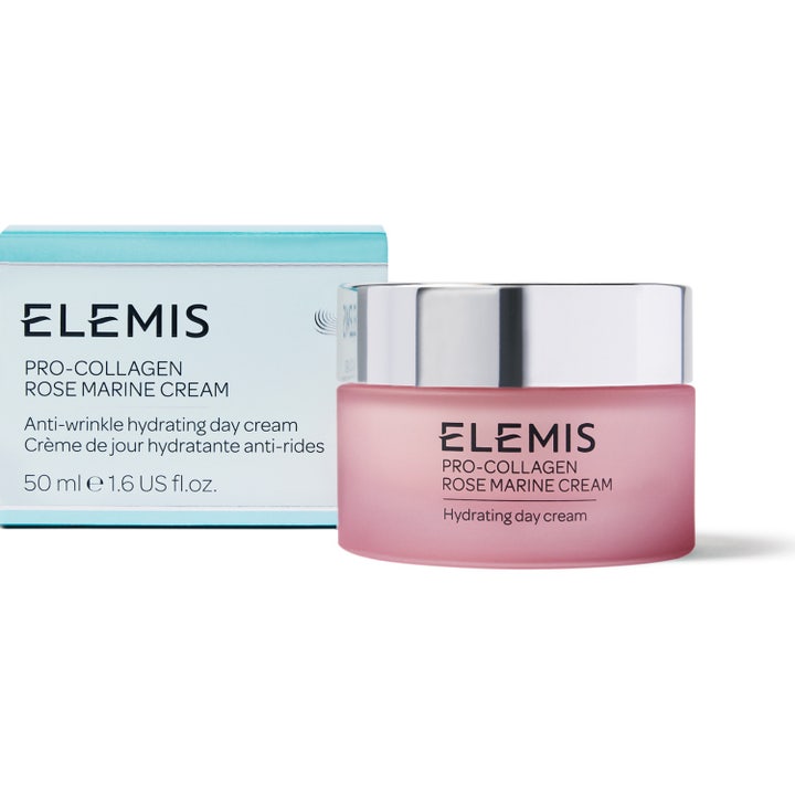 Elemis Pro-Collagen Rose Marine Cream 50 ml kosteuttava päivävoide vaaleanpunaisessa lasipurkissa ja pakkauksessa.