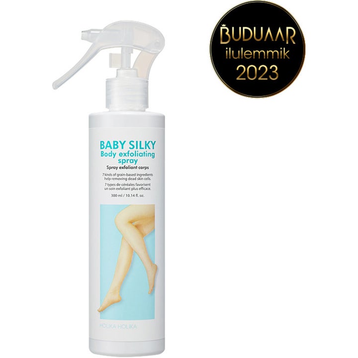 Holika Holika Baby Silky Body Exfoliating Spray 300 ml kuoriva vartalosuihke valkoisessa pullossa kirkkaalla suuttimella