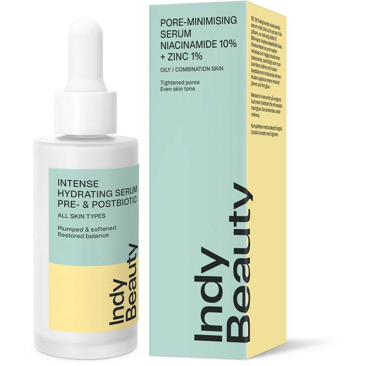 Indy Beauty Intense Hydrating Serum Pre- & Postbiotic 30 ml kosteuttava kasvoseerumi valkoisessa lasipullossa pipetillä