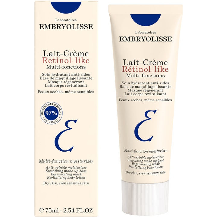 Embryolisse Lait-Crème Rétinol-Like 75 ml silottava monitoimivoide vaaleassa tuubissa ja ulkopakkauksessa.