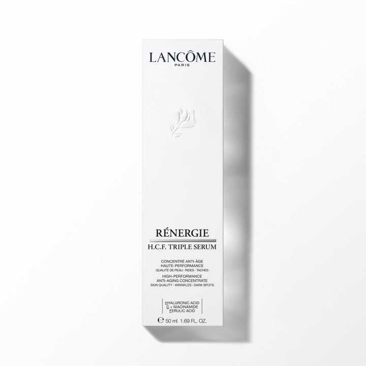 Lancôme Rénergie H.C.F. Triple Serum 50 ml silottava anti-age-seerumi valkoisessa tyylikkäässä pakkauksessa.
