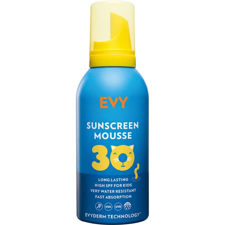 EVY Technology Sunscreen Mousse SPF 30 suojaava aurinkosuojatuote lapsille sinisessä pullossa keltaisella korkilla.