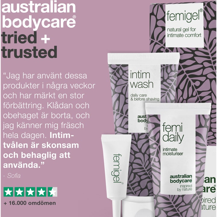 Australian Bodycare Intimate Treatment Kit 325 ml ehkäisee epämukavuutta kuvassa, jossa on asiakasarvostelu ja tuotteet.